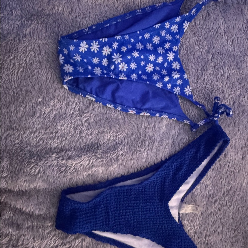 Blue Floral and Textured Bikini Bottoms